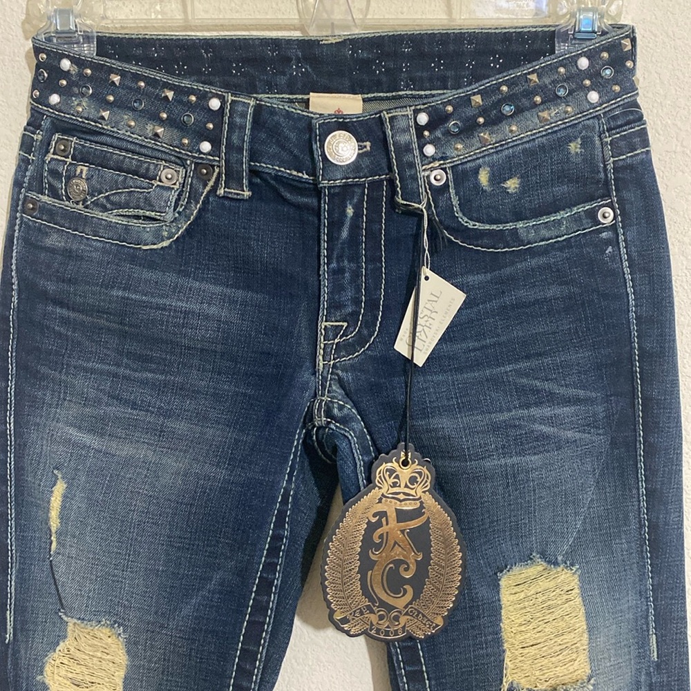 KEY CLOSET Y2K Streetwear Distressed Blue Jeans w Crystalized Swarovski Elements